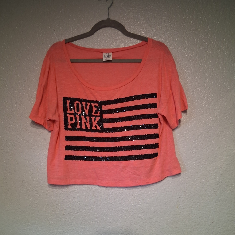 PINK Victoria's Secret Coral Crop Top with Black Sequin Graphic